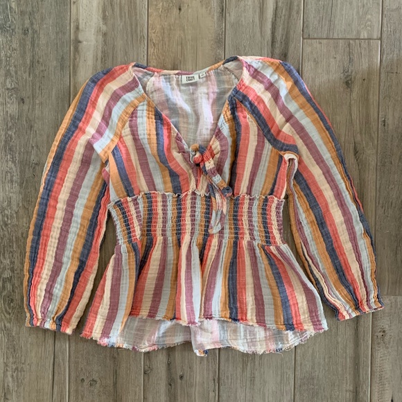 TRUE CRAFT Striped Peplum High Low V-Neck Knot Long Sleeve Top Women’s Size S/M - Picture 1 of 9